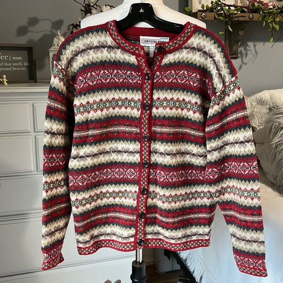 Vintage Crystal Kobe Shetland Wool Sweater Nordic Red Fair Isle Womens Small - Picture 13 of 16